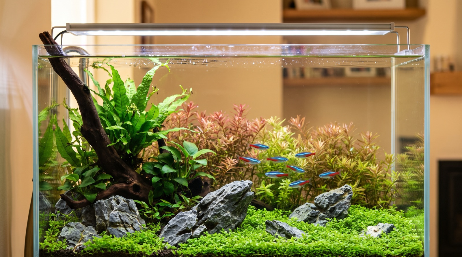 A lush 20-gallon planted freshwater aquarium with driftwood and a shoal of neon tetras